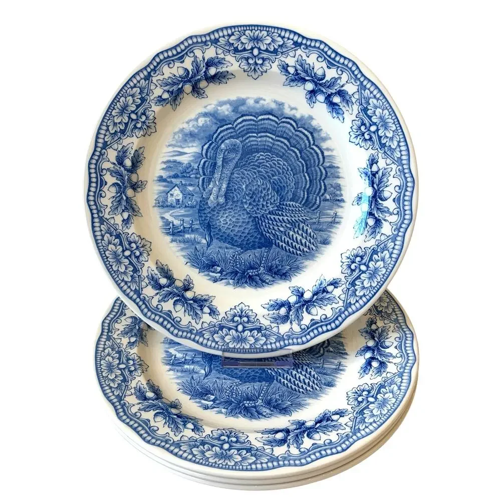 Royal Stafford Thanksgiving TURKEY Dinner Plates 11in Set of 4 Blue NEW